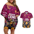 Personalized Brisbane Lions Couples Matching Off Shoulder Short Dress and Hawaiian Shirt Aboriginal Dot Painting Graffiti Style