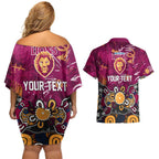 Personalized Brisbane Lions Couples Matching Off Shoulder Short Dress and Hawaiian Shirt Aboriginal Dot Painting Graffiti Style
