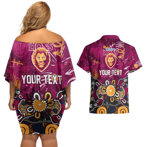 Personalized Brisbane Lions Couples Matching Off Shoulder Short Dress and Hawaiian Shirt Aboriginal Dot Painting Graffiti Style