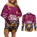 Personalized Brisbane Lions Couples Matching Off Shoulder Short Dress and Long Sleeve Button Shirt Aboriginal Dot Painting Graffiti Style