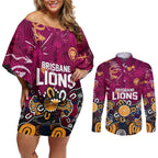Personalized Brisbane Lions Couples Matching Off Shoulder Short Dress and Long Sleeve Button Shirt Aboriginal Dot Painting Graffiti Style