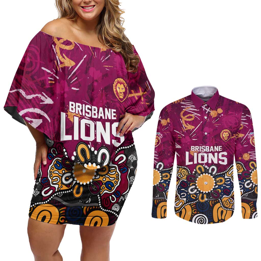 Personalized Brisbane Lions Couples Matching Off Shoulder Short Dress and Long Sleeve Button Shirt Aboriginal Dot Painting Graffiti Style
