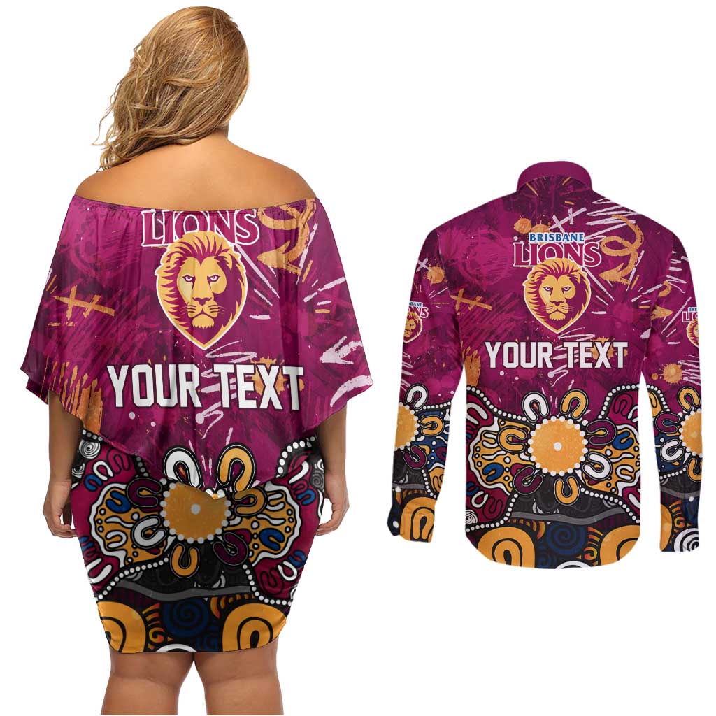 Personalized Brisbane Lions Couples Matching Off Shoulder Short Dress and Long Sleeve Button Shirt Aboriginal Dot Painting Graffiti Style