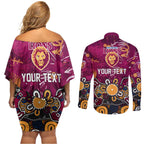 Personalized Brisbane Lions Couples Matching Off Shoulder Short Dress and Long Sleeve Button Shirt Aboriginal Dot Painting Graffiti Style
