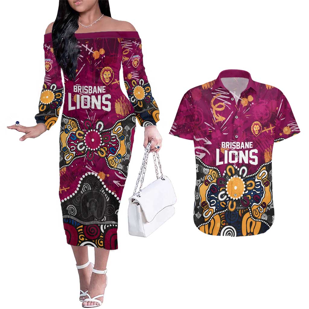 Personalized Brisbane Lions Couples Matching Off The Shoulder Long Sleeve Dress and Hawaiian Shirt Aboriginal Dot Painting Graffiti Style