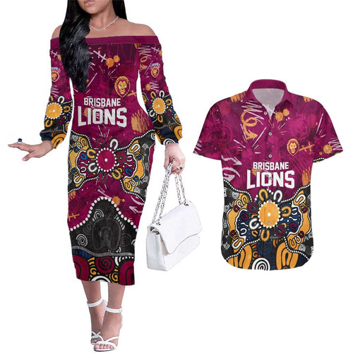 Personalized Brisbane Lions Couples Matching Off The Shoulder Long Sleeve Dress and Hawaiian Shirt Aboriginal Dot Painting Graffiti Style