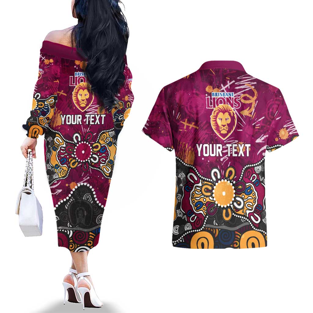 Personalized Brisbane Lions Couples Matching Off The Shoulder Long Sleeve Dress and Hawaiian Shirt Aboriginal Dot Painting Graffiti Style