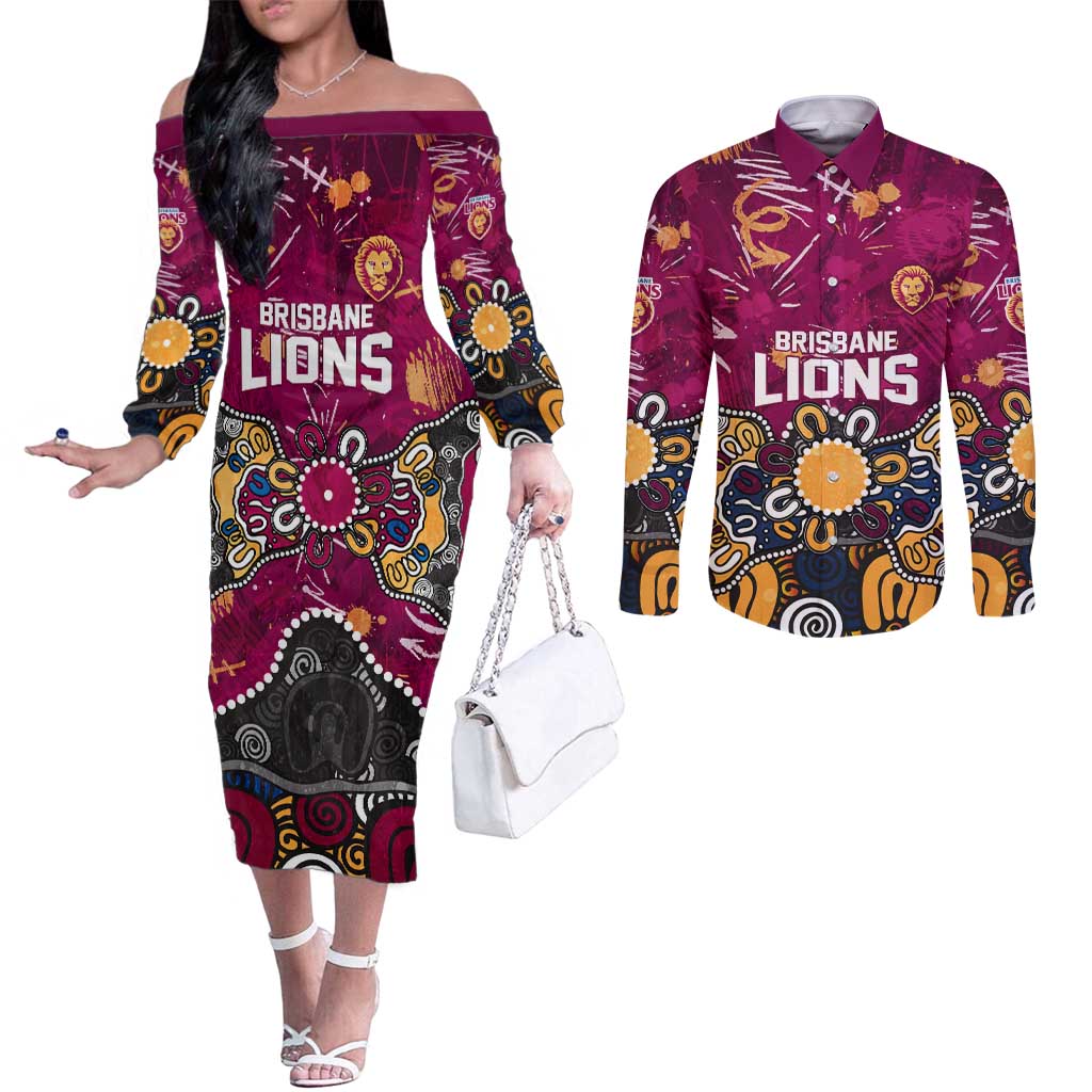 Personalized Brisbane Lions Couples Matching Off The Shoulder Long Sleeve Dress and Long Sleeve Button Shirt Aboriginal Dot Painting Graffiti Style
