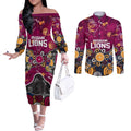 Personalized Brisbane Lions Couples Matching Off The Shoulder Long Sleeve Dress and Long Sleeve Button Shirt Aboriginal Dot Painting Graffiti Style