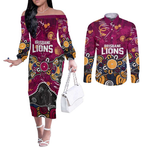 Personalized Brisbane Lions Couples Matching Off The Shoulder Long Sleeve Dress and Long Sleeve Button Shirt Aboriginal Dot Painting Graffiti Style