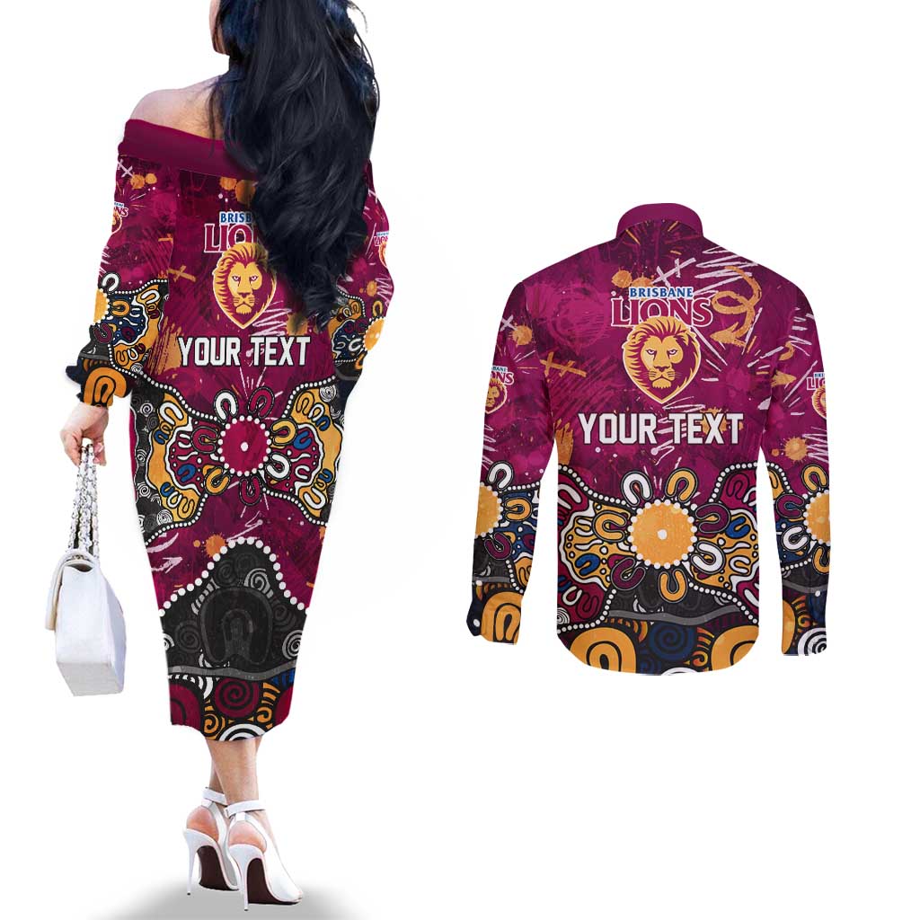 Personalized Brisbane Lions Couples Matching Off The Shoulder Long Sleeve Dress and Long Sleeve Button Shirt Aboriginal Dot Painting Graffiti Style
