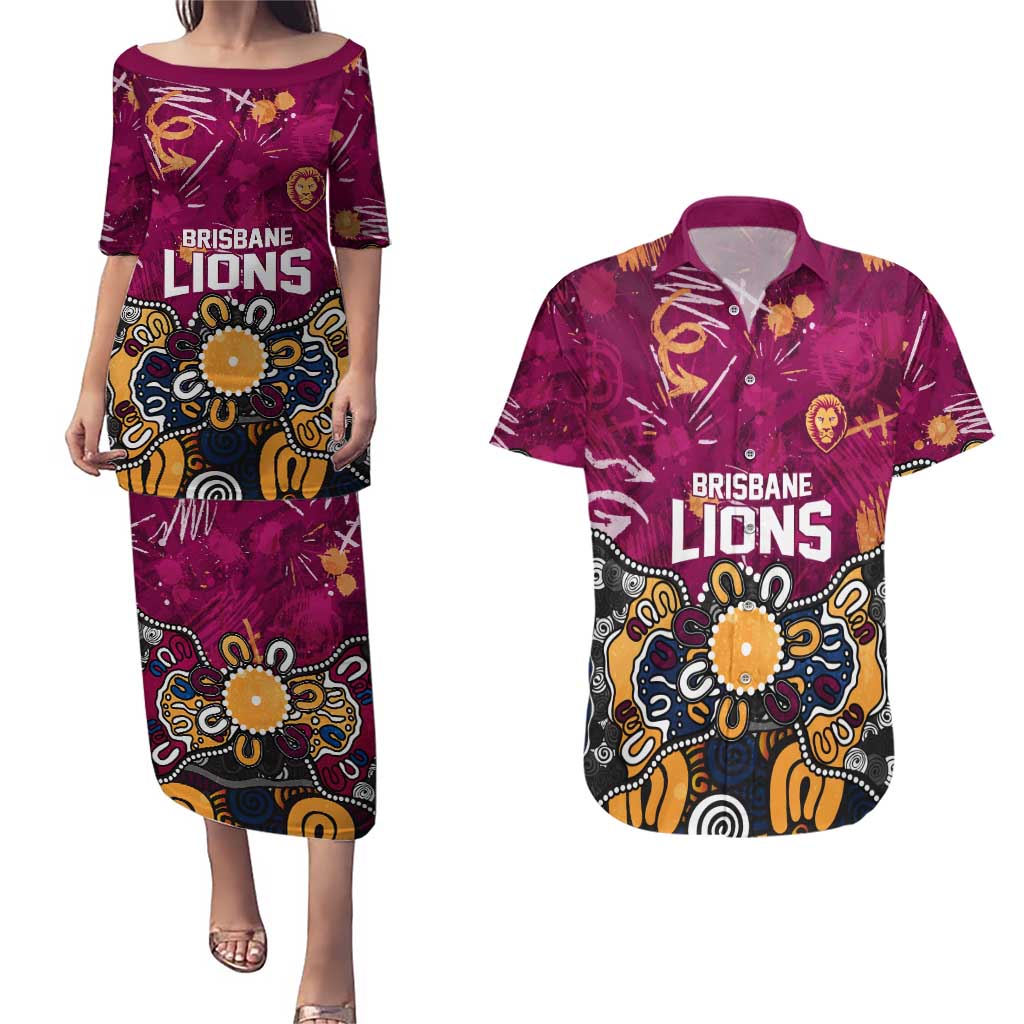 Personalized Brisbane Lions Couples Matching Puletasi and Hawaiian Shirt Aboriginal Dot Painting Graffiti Style