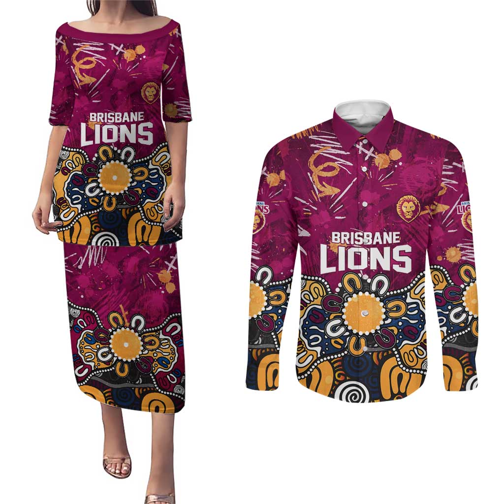 Personalized Brisbane Lions Couples Matching Puletasi and Long Sleeve Button Shirt Aboriginal Dot Painting Graffiti Style