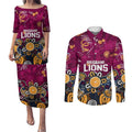 Personalized Brisbane Lions Couples Matching Puletasi and Long Sleeve Button Shirt Aboriginal Dot Painting Graffiti Style