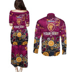 Personalized Brisbane Lions Couples Matching Puletasi and Long Sleeve Button Shirt Aboriginal Dot Painting Graffiti Style