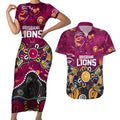 Personalized Brisbane Lions Couples Matching Short Sleeve Bodycon Dress and Hawaiian Shirt Aboriginal Dot Painting Graffiti Style