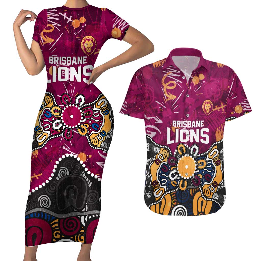 Personalized Brisbane Lions Couples Matching Short Sleeve Bodycon Dress and Hawaiian Shirt Aboriginal Dot Painting Graffiti Style
