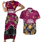Personalized Brisbane Lions Couples Matching Short Sleeve Bodycon Dress and Hawaiian Shirt Aboriginal Dot Painting Graffiti Style