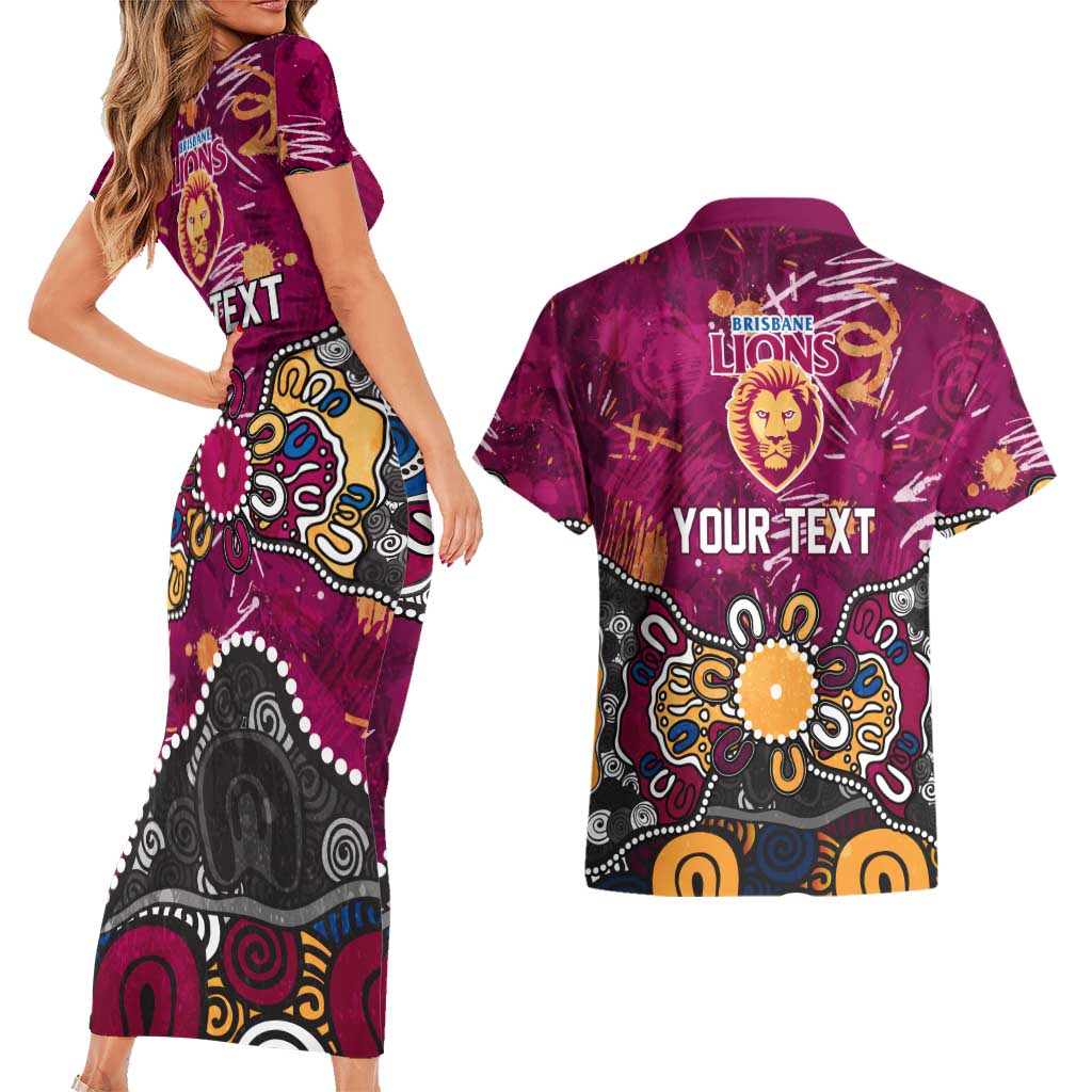 Personalized Brisbane Lions Couples Matching Short Sleeve Bodycon Dress and Hawaiian Shirt Aboriginal Dot Painting Graffiti Style