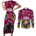 Personalized Brisbane Lions Couples Matching Short Sleeve Bodycon Dress and Long Sleeve Button Shirt Aboriginal Dot Painting Graffiti Style