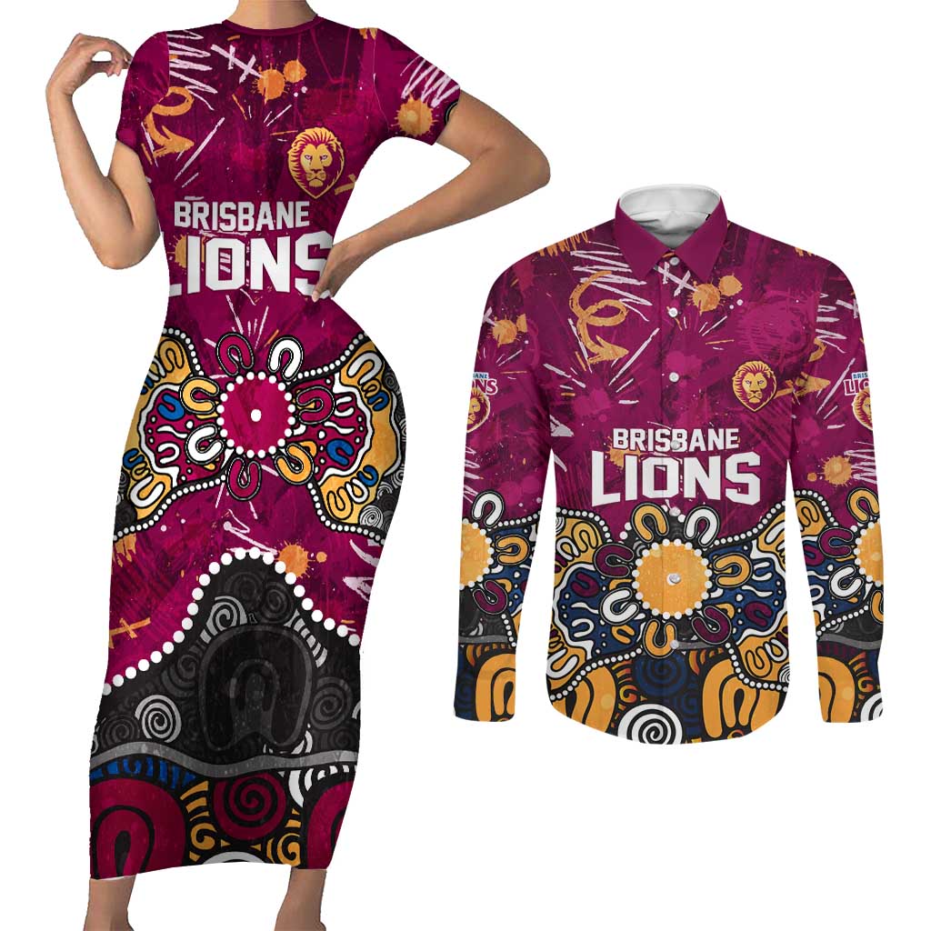 Personalized Brisbane Lions Couples Matching Short Sleeve Bodycon Dress and Long Sleeve Button Shirt Aboriginal Dot Painting Graffiti Style