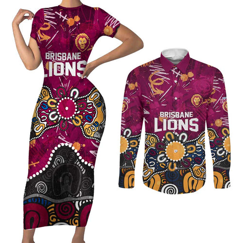 Personalized Brisbane Lions Couples Matching Short Sleeve Bodycon Dress and Long Sleeve Button Shirt Aboriginal Dot Painting Graffiti Style