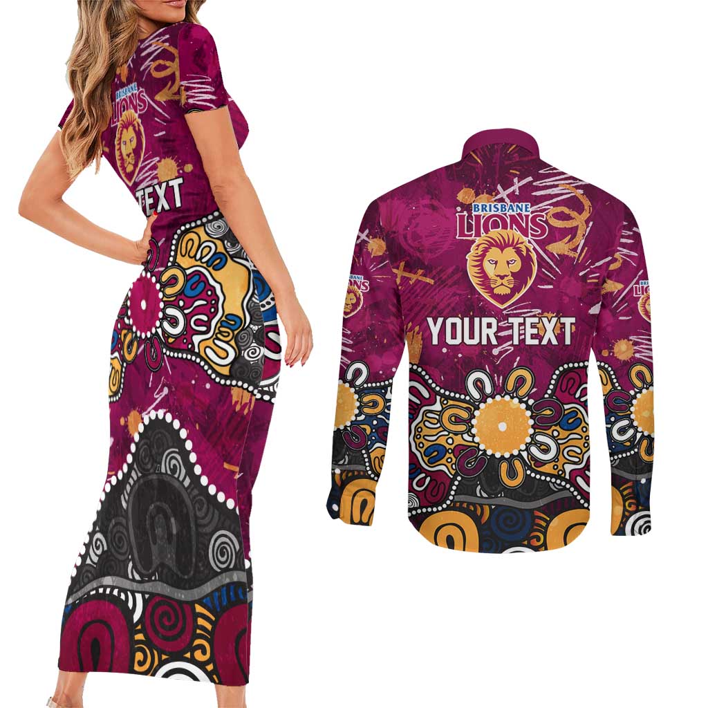 Personalized Brisbane Lions Couples Matching Short Sleeve Bodycon Dress and Long Sleeve Button Shirt Aboriginal Dot Painting Graffiti Style