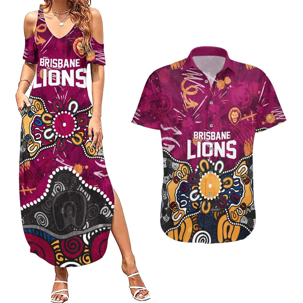 Personalized Brisbane Lions Couples Matching Summer Maxi Dress and Hawaiian Shirt Aboriginal Dot Painting Graffiti Style