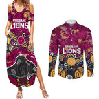 Personalized Brisbane Lions Couples Matching Summer Maxi Dress and Long Sleeve Button Shirt Aboriginal Dot Painting Graffiti Style