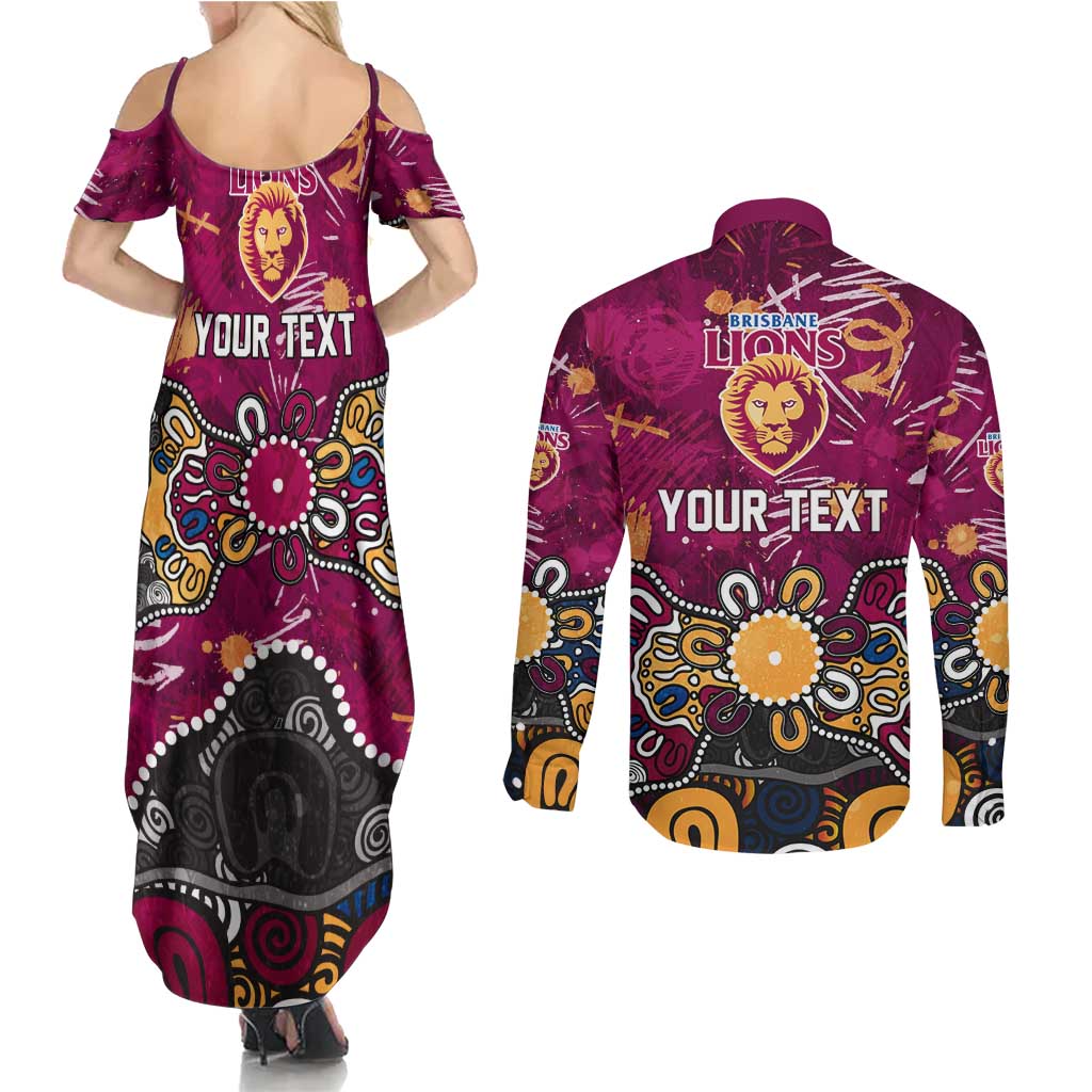 Personalized Brisbane Lions Couples Matching Summer Maxi Dress and Long Sleeve Button Shirt Aboriginal Dot Painting Graffiti Style