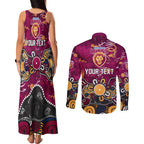 Personalized Brisbane Lions Couples Matching Tank Maxi Dress and Long Sleeve Button Shirt Aboriginal Dot Painting Graffiti Style