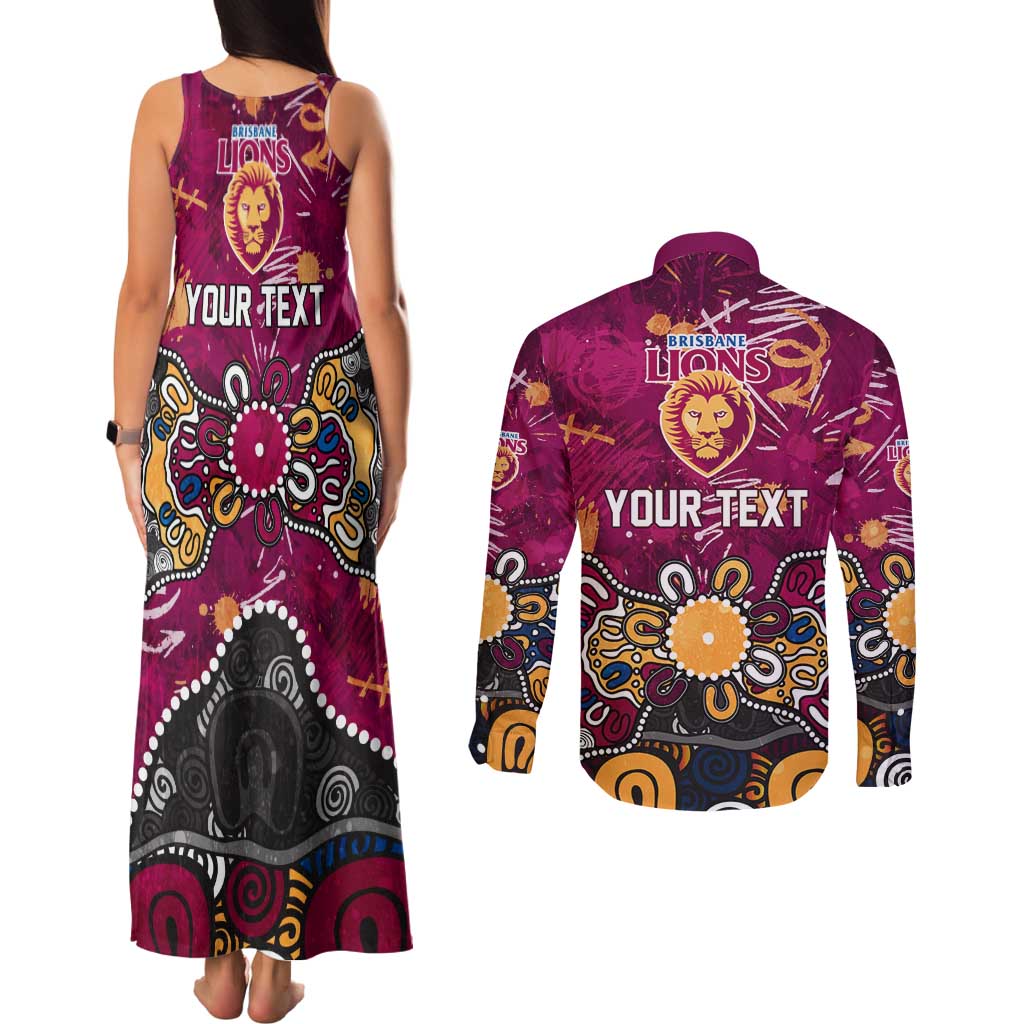 Personalized Brisbane Lions Couples Matching Tank Maxi Dress and Long Sleeve Button Shirt Aboriginal Dot Painting Graffiti Style
