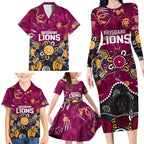 Personalized Brisbane Lions Family Matching Long Sleeve Bodycon Dress and Hawaiian Shirt Aboriginal Dot Painting Graffiti Style