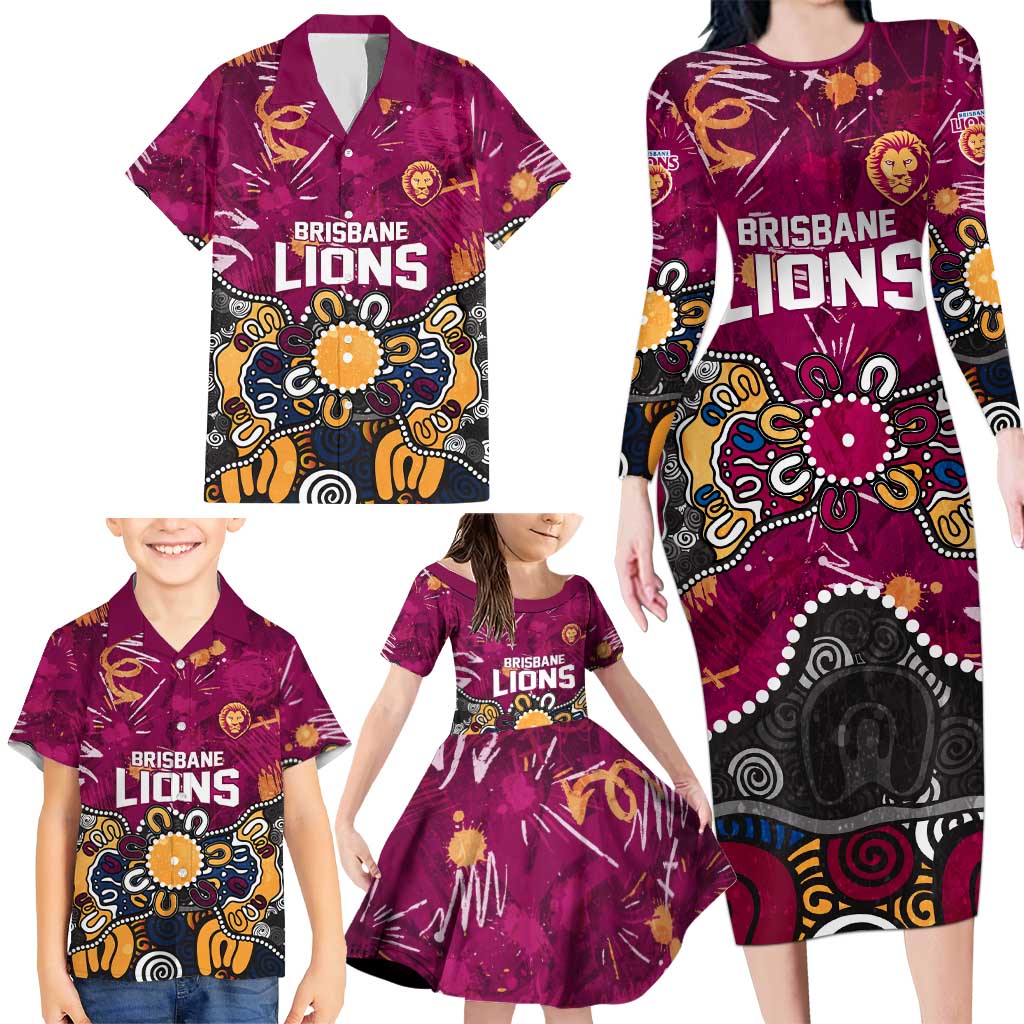 Personalized Brisbane Lions Family Matching Long Sleeve Bodycon Dress and Hawaiian Shirt Aboriginal Dot Painting Graffiti Style