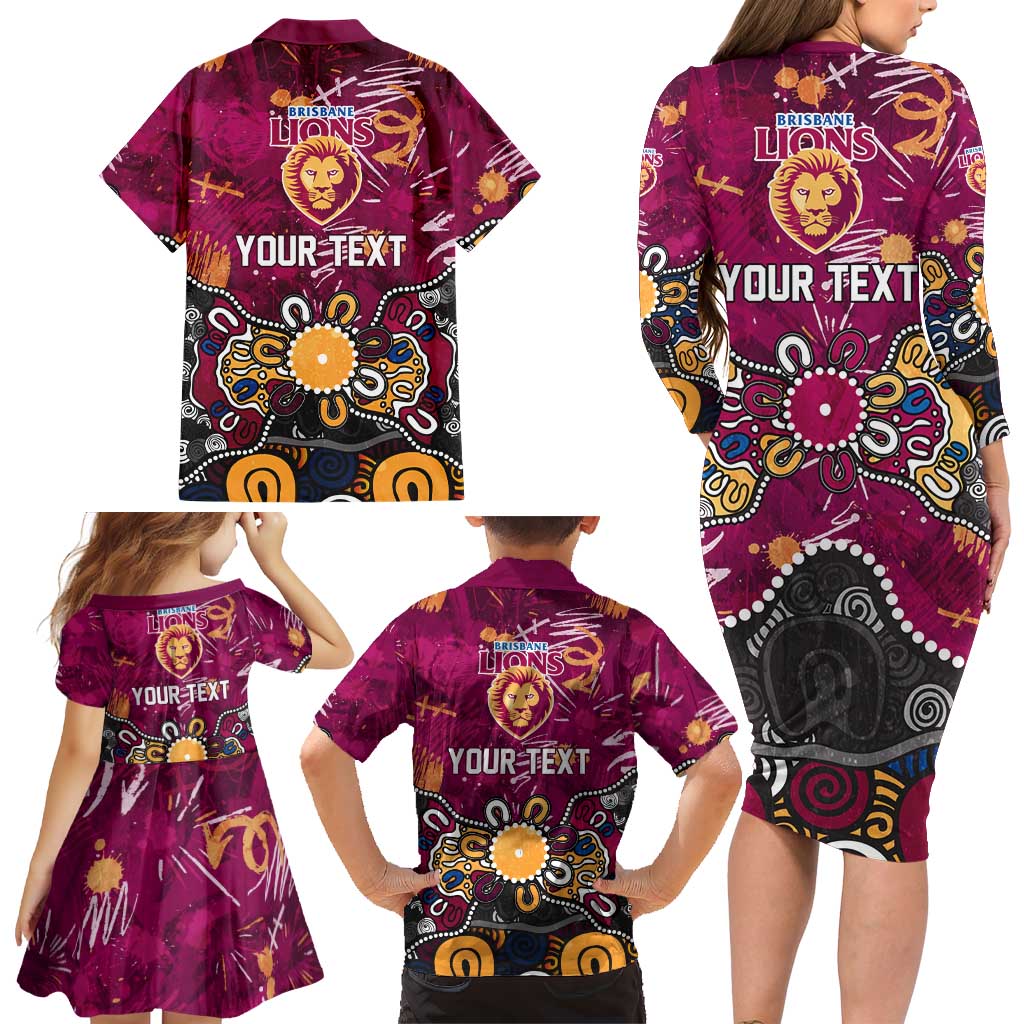 Personalized Brisbane Lions Family Matching Long Sleeve Bodycon Dress and Hawaiian Shirt Aboriginal Dot Painting Graffiti Style