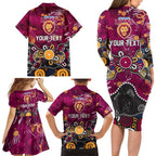 Personalized Brisbane Lions Family Matching Long Sleeve Bodycon Dress and Hawaiian Shirt Aboriginal Dot Painting Graffiti Style