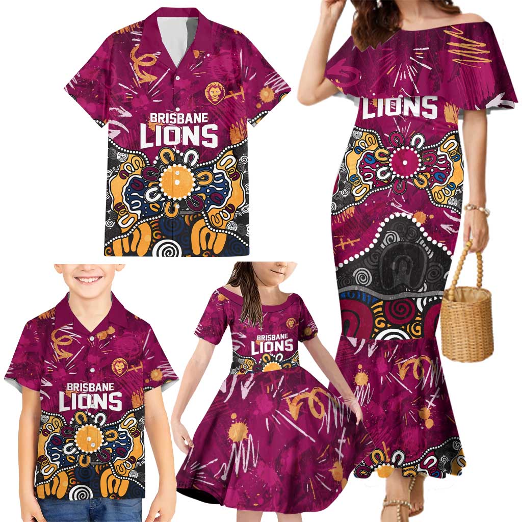 Personalized Brisbane Lions Family Matching Mermaid Dress and Hawaiian Shirt Aboriginal Dot Painting Graffiti Style