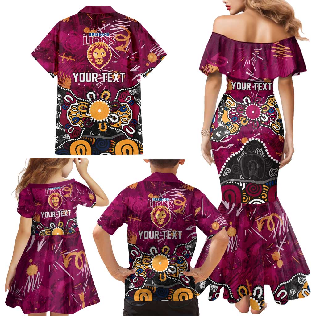 Personalized Brisbane Lions Family Matching Mermaid Dress and Hawaiian Shirt Aboriginal Dot Painting Graffiti Style