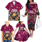 Personalized Brisbane Lions Family Matching Off The Shoulder Long Sleeve Dress and Hawaiian Shirt Aboriginal Dot Painting Graffiti Style