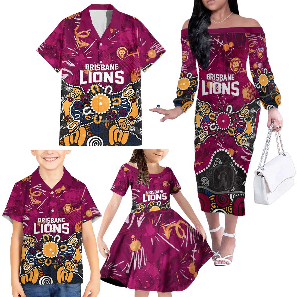 Personalized Brisbane Lions Family Matching Off The Shoulder Long Sleeve Dress and Hawaiian Shirt Aboriginal Dot Painting Graffiti Style