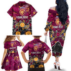 Personalized Brisbane Lions Family Matching Off The Shoulder Long Sleeve Dress and Hawaiian Shirt Aboriginal Dot Painting Graffiti Style