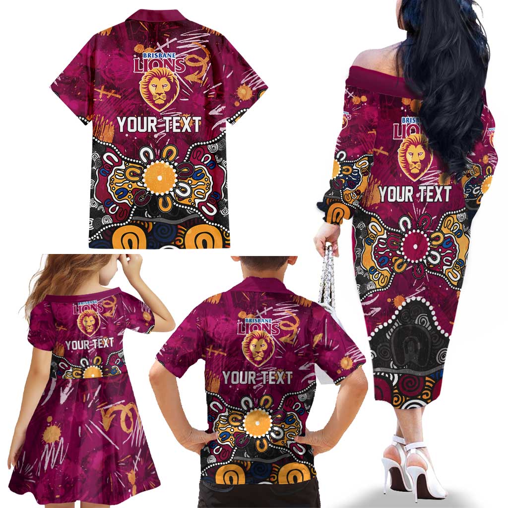Personalized Brisbane Lions Family Matching Off The Shoulder Long Sleeve Dress and Hawaiian Shirt Aboriginal Dot Painting Graffiti Style