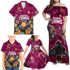 Personalized Brisbane Lions Family Matching Off Shoulder Maxi Dress and Hawaiian Shirt Aboriginal Dot Painting Graffiti Style