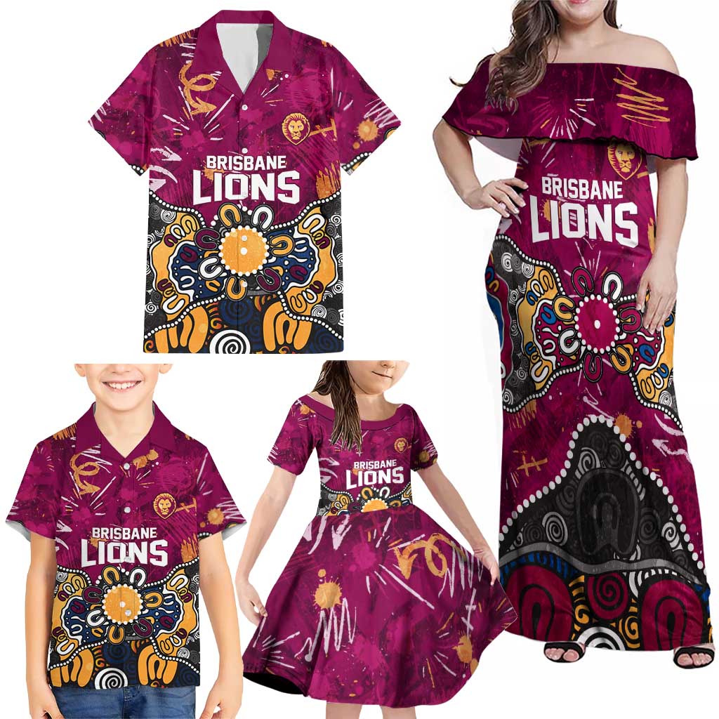 Personalized Brisbane Lions Family Matching Off Shoulder Maxi Dress and Hawaiian Shirt Aboriginal Dot Painting Graffiti Style