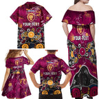 Personalized Brisbane Lions Family Matching Off Shoulder Maxi Dress and Hawaiian Shirt Aboriginal Dot Painting Graffiti Style