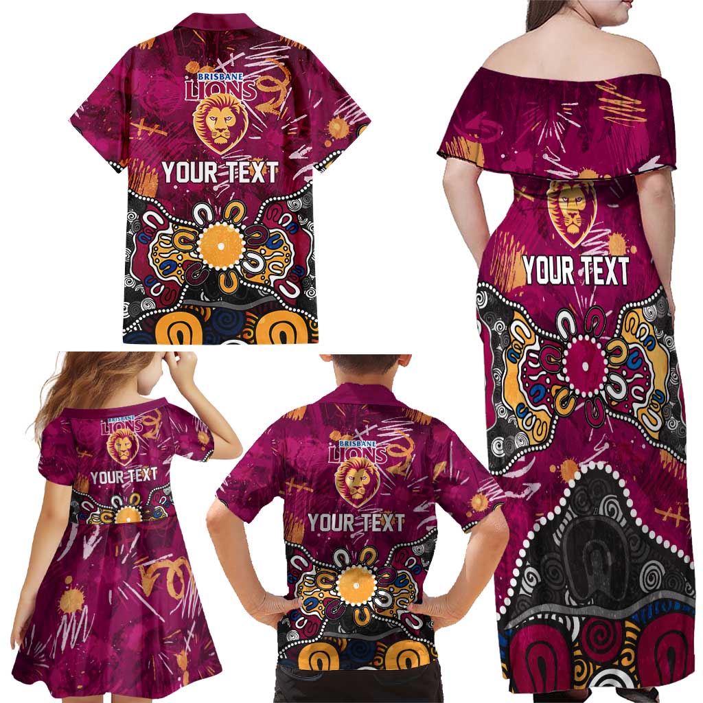 Personalized Brisbane Lions Family Matching Off Shoulder Maxi Dress and Hawaiian Shirt Aboriginal Dot Painting Graffiti Style