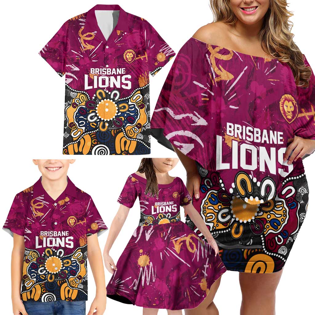 Personalized Brisbane Lions Family Matching Off Shoulder Short Dress and Hawaiian Shirt Aboriginal Dot Painting Graffiti Style