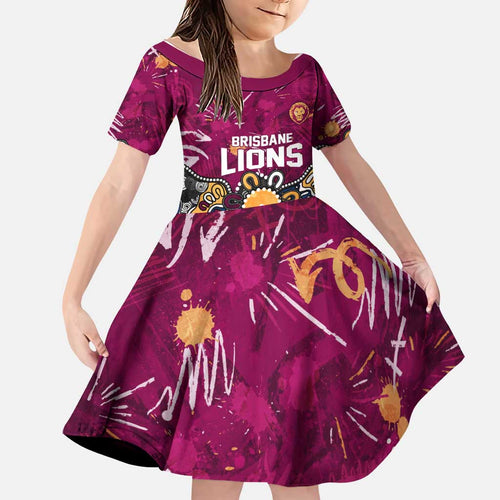 Personalized Brisbane Lions Family Matching Off Shoulder Short Dress and Hawaiian Shirt Aboriginal Dot Painting Graffiti Style