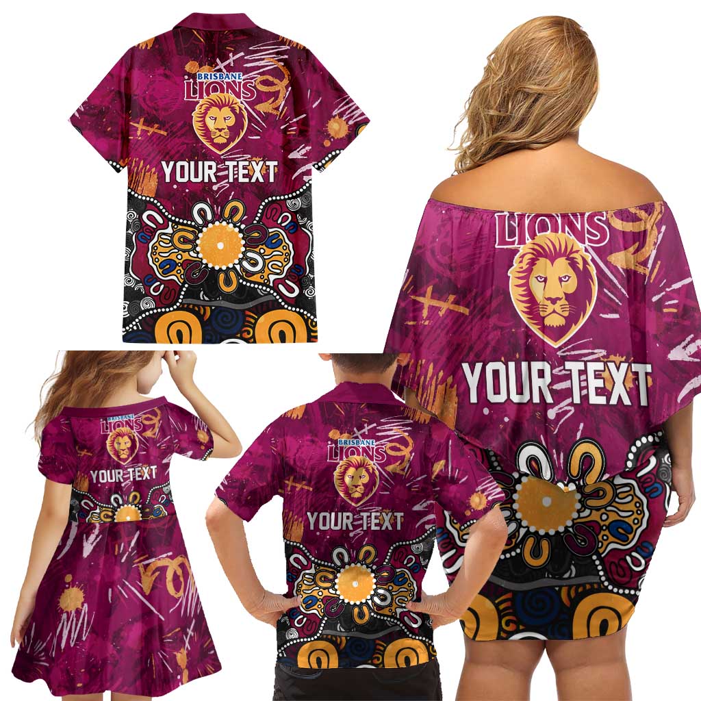 Personalized Brisbane Lions Family Matching Off Shoulder Short Dress and Hawaiian Shirt Aboriginal Dot Painting Graffiti Style