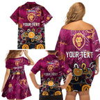 Personalized Brisbane Lions Family Matching Off Shoulder Short Dress and Hawaiian Shirt Aboriginal Dot Painting Graffiti Style